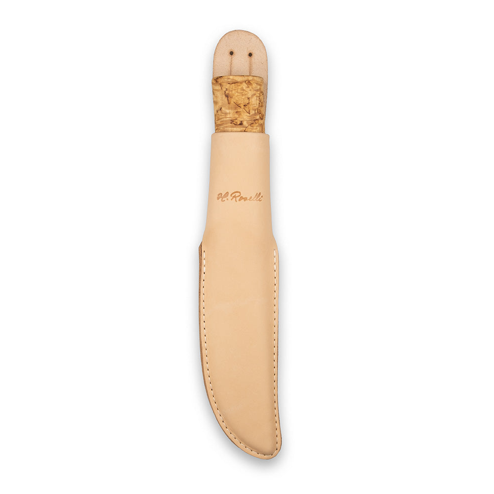 Rosellis Finnish Hunting knife with a long carbon steel blade.