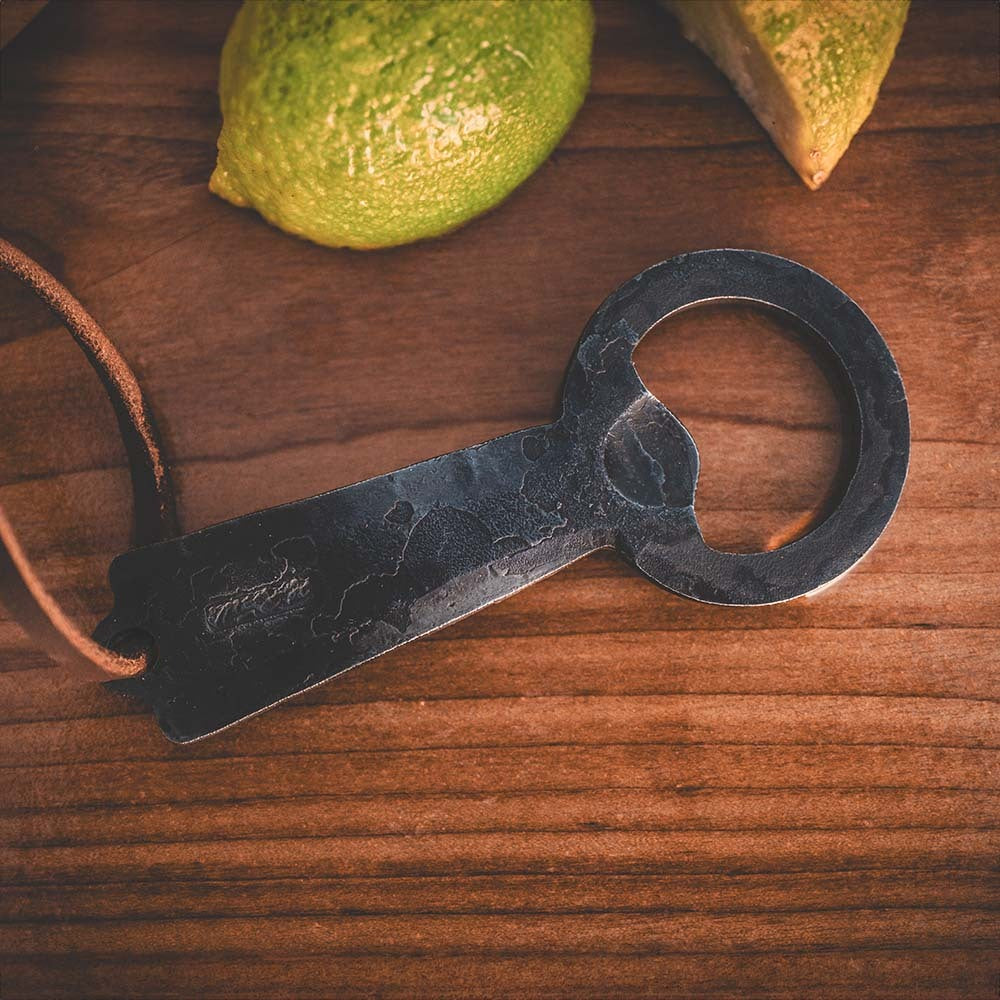 Rosellis hand crafted bottle opener made from spilled materials of our premium carbon steel.