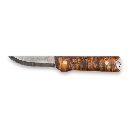 Handmade Finnish bushcraft knife from Roselli in model "Heimo 4" with a full tang blade and a handle made out of stained curly birch