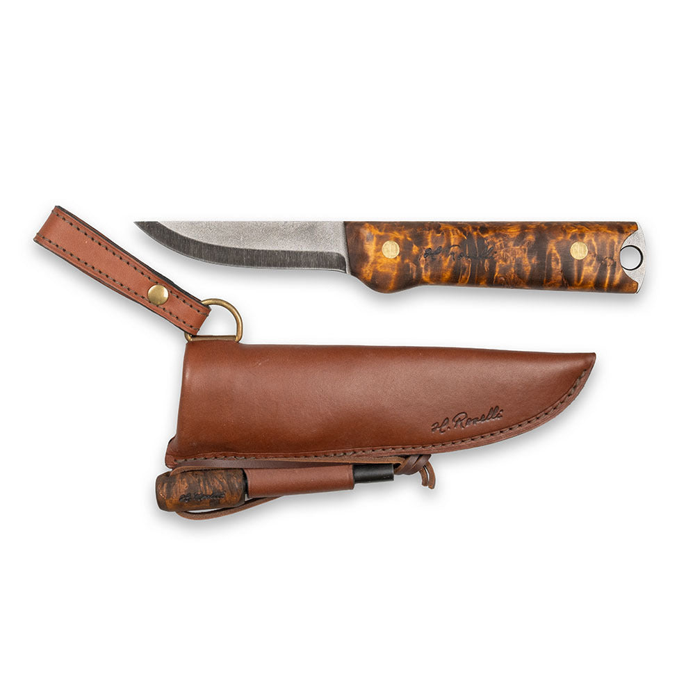 Handmade Finnish bushcraft knife from Roselli in model "Heimo 4" with a full tang blade and a handle made out of stained curly birch
