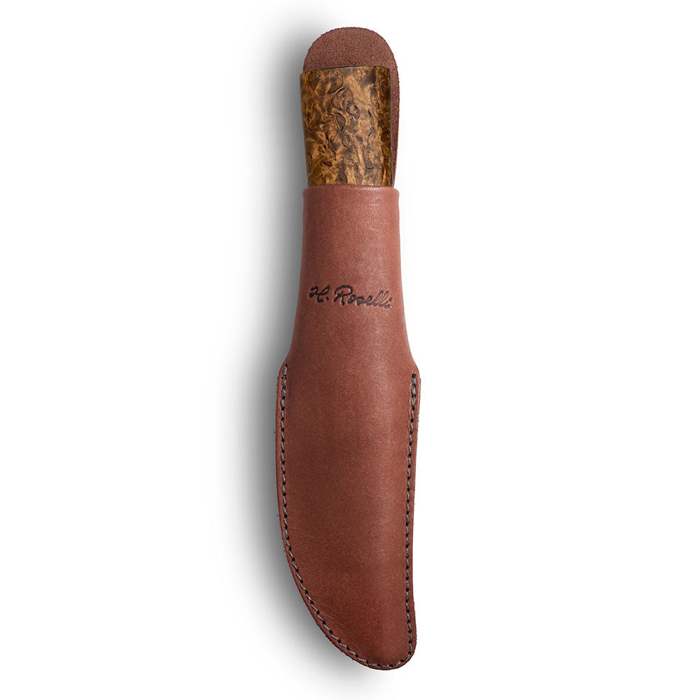 Handmade Finnish hunting knife in UHC Steel from Roselli with a handle of stained curly birch