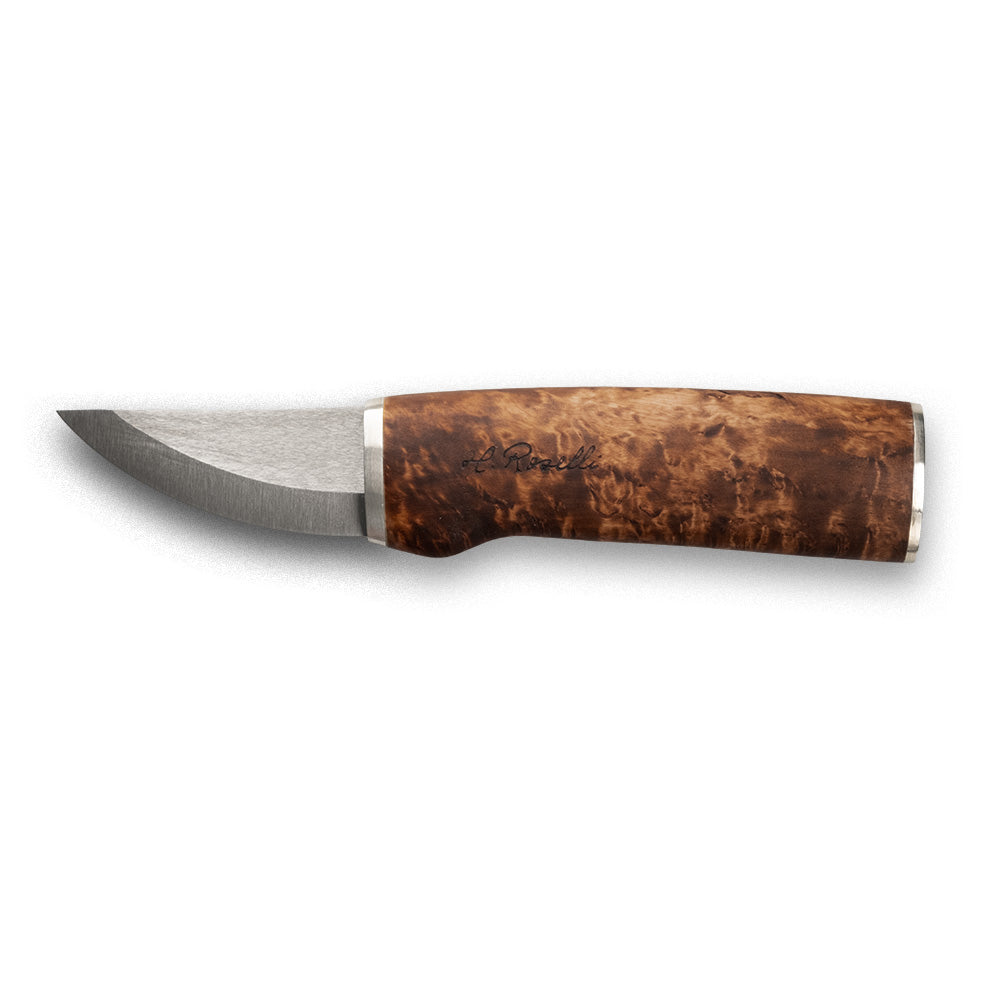 Roselli's Finnish handmade hunting knife in model "Grandfather knife". Carbon steel blade and a handmade leather sheath.