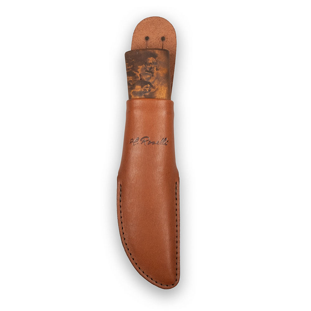 Roselli's finnish handmade outdoor and hunting knife in model "Grandfather knife" made from ultra high carbon steel and curly birch handle.