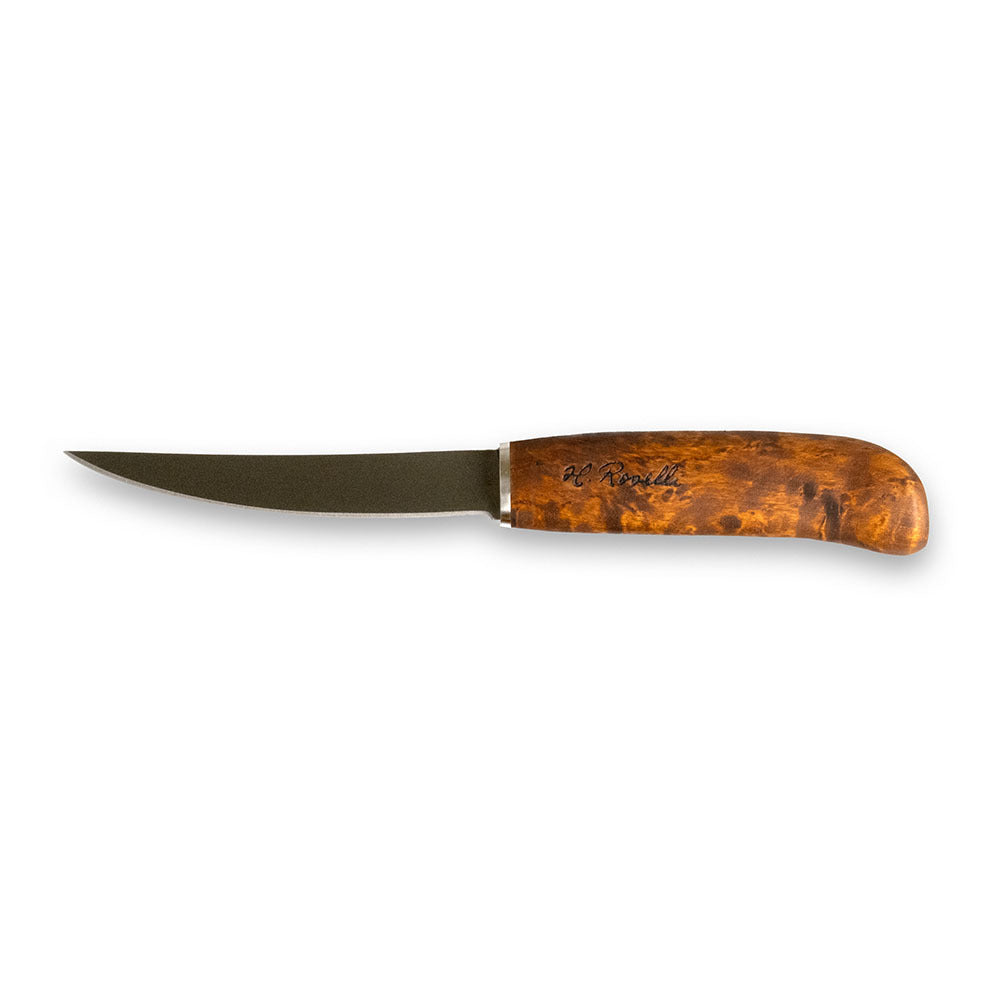 Handmade Finnish Fish and Fillet knife made from ultra high carbon steel and curly birch handle. The knife floats. Comes with a handmade leather sheath.