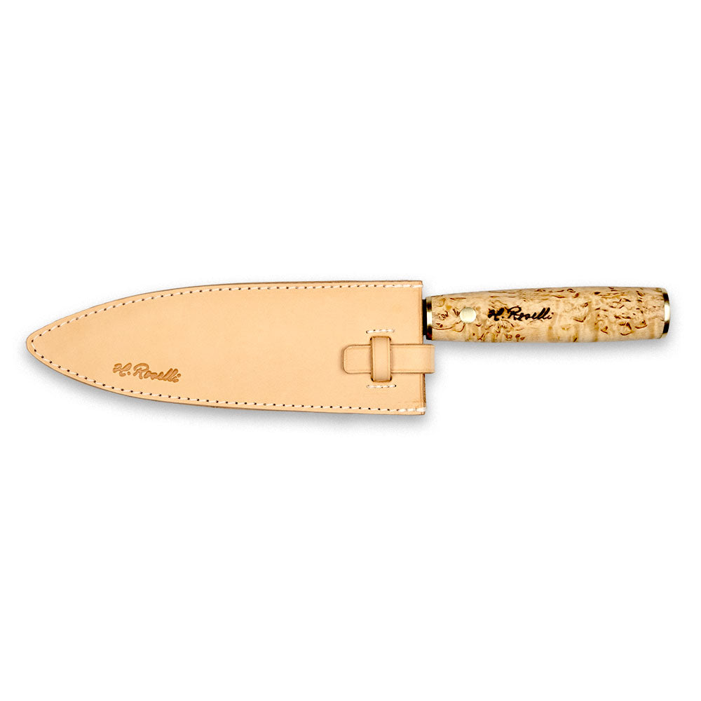 Roselli's Finnish handmade kitchen knife inspired from Japan with name "Gyuto". Carbon steel blade and comes with a handmade light leather sheath.