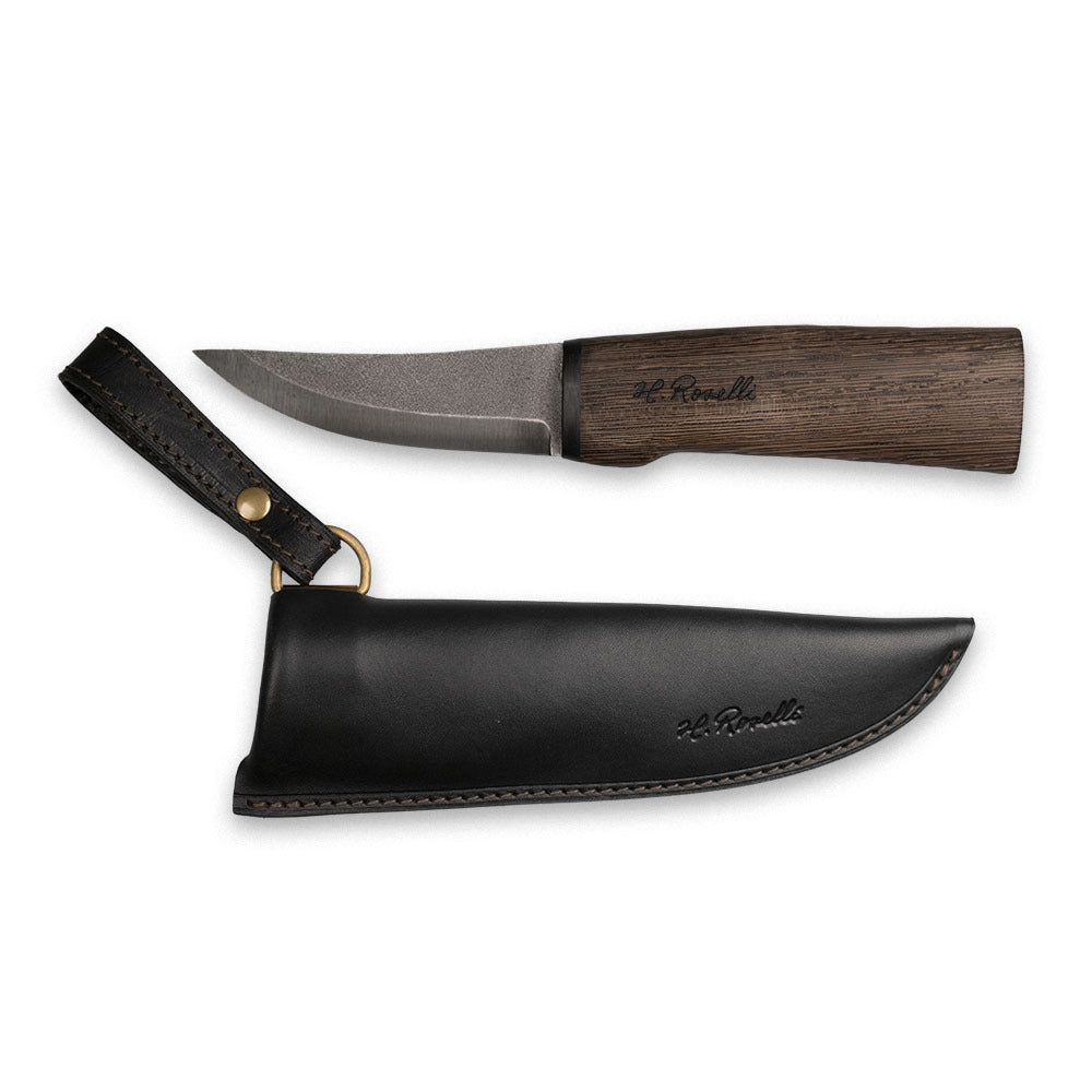 Roselli's Finnish handmade black edition hunting knife of carbon steel, comes with a handle of wenge tree and a sheath of black leather.