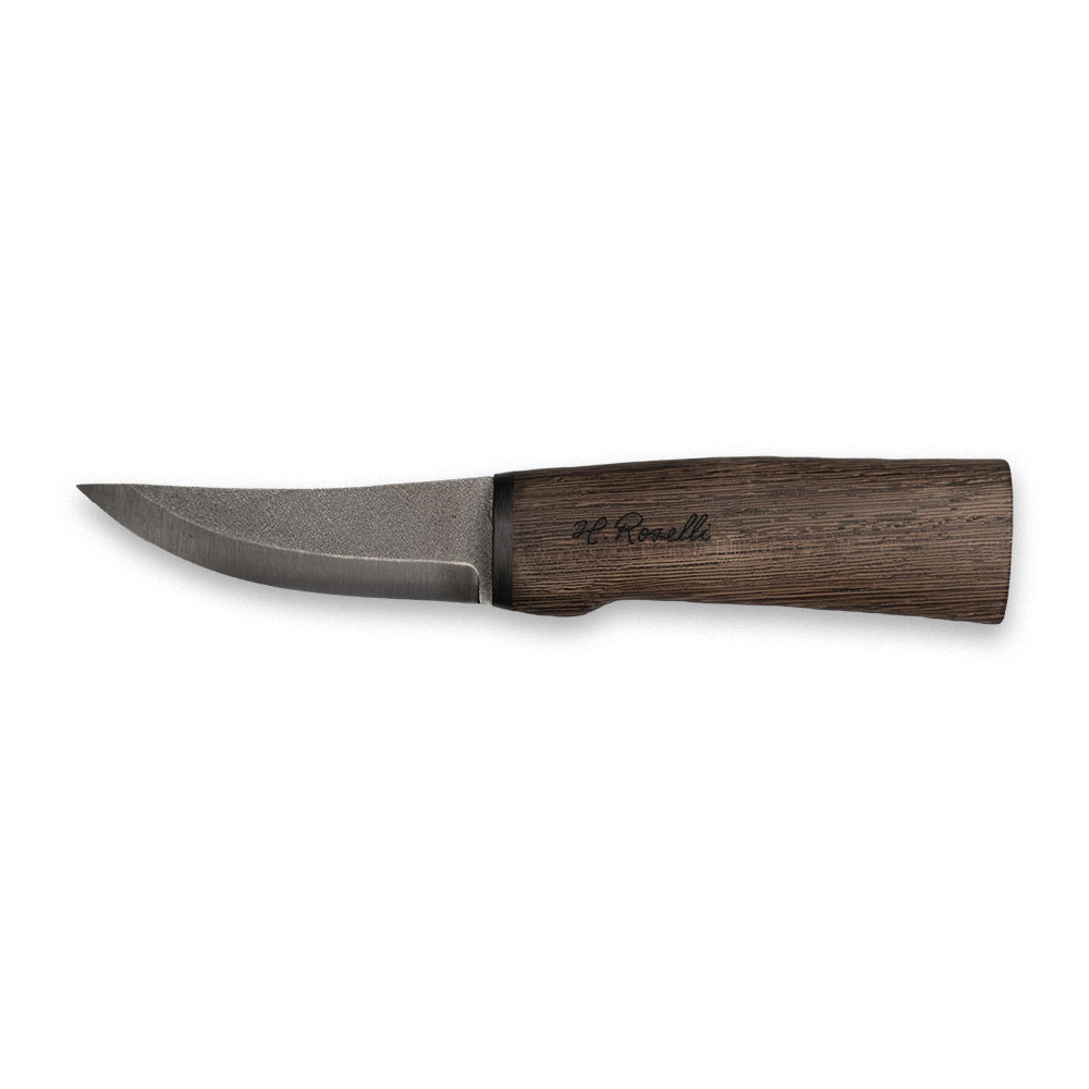 Roselli's Finnish handmade black edition hunting knife of carbon steel, comes with a handle of wenge tree and a sheath of black leather.