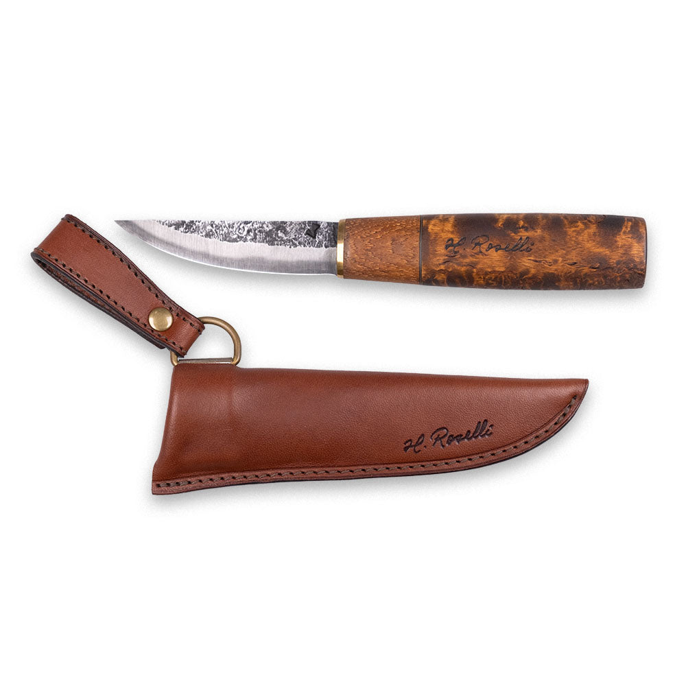 Roselli's handmade Finnish outdoor knife made of carbon steel and a handle of curly birch. Comes with a handmade sheath made from Finnish leather.