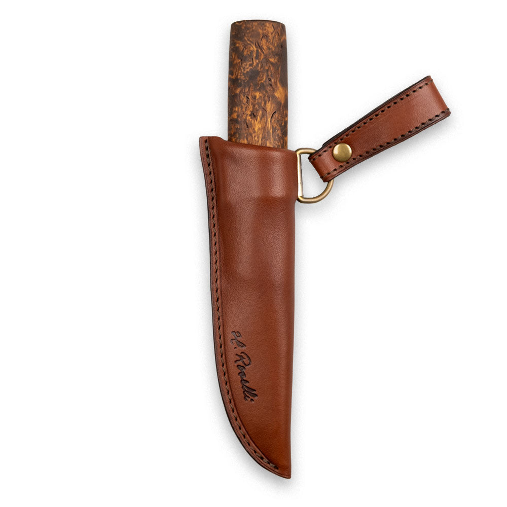 Roselli's handmade Finnish outdoor knife made of carbon steel and a handle of curly birch. Comes with a handmade sheath made from Finnish leather.