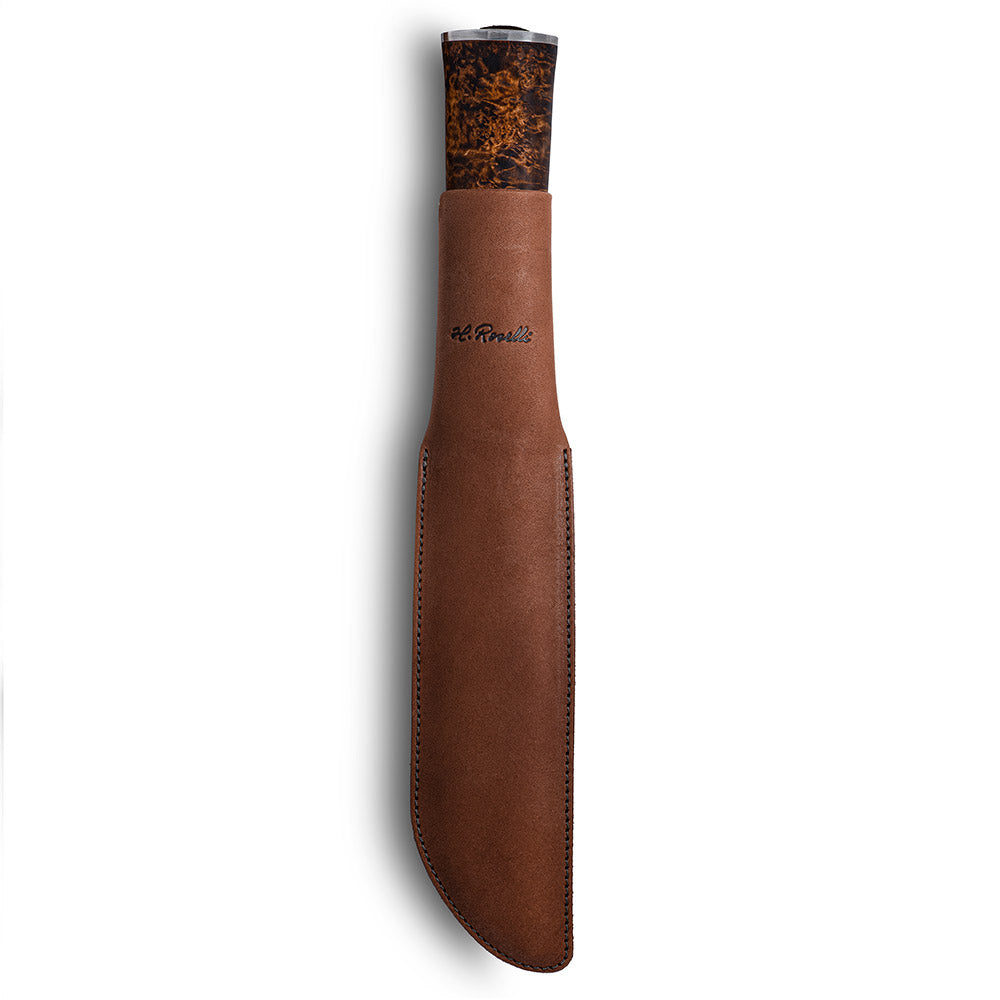 Handmade Finnish bushcraft knife from Roselli in model "Big Leuku Knife" with details of silver ferrule comes with a dark vegetable leather sheath