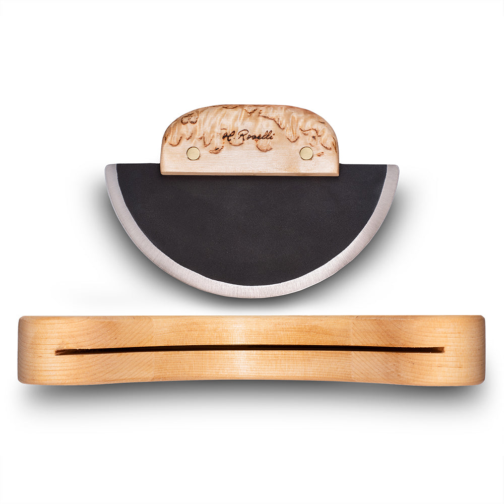 Handmade Finnish kitchen knife from Roselli in model "ulu knife" with a handle and knife rack made out of curly birch