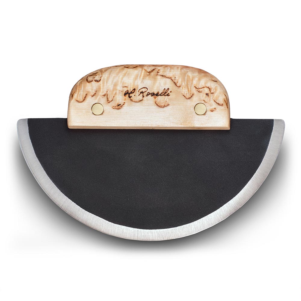 Handmade Finnish kitchen knife from Roselli in model "ulu knife" with a handle made out of curly birch