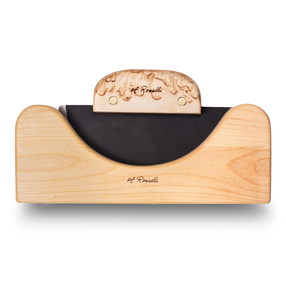 Handmade Finnish kitchen knife from Roselli in model "ulu knife" with a handle and knife rack made out of curly birch