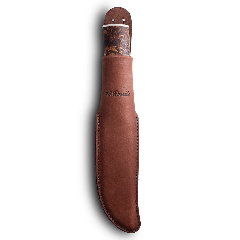 Handmade Finnish hunting knife with a long knife blade with silver ferrule details comes with a dark leather sheath