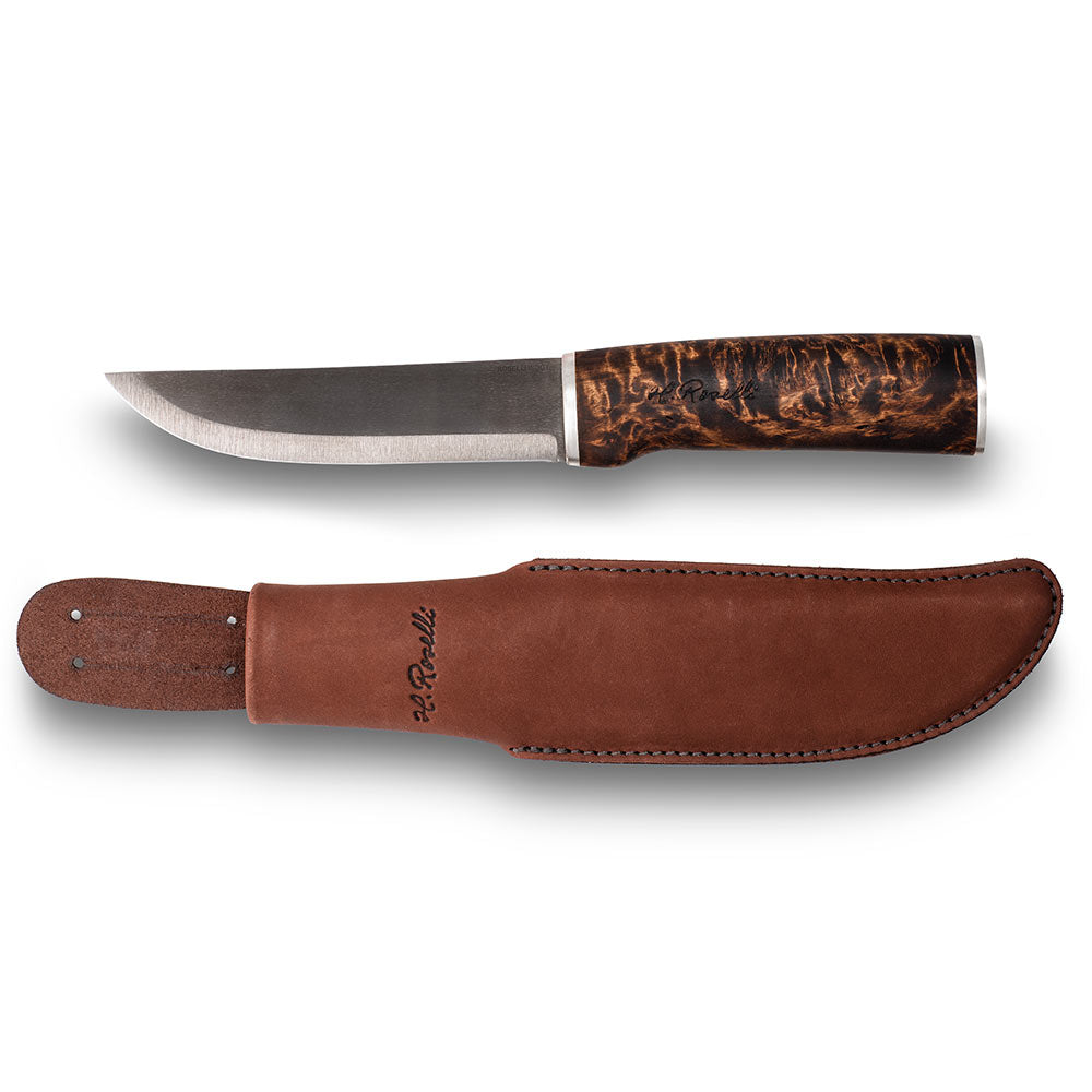 Handmade Finnish hunting knife with a long knife blade with silver ferrule details comes with a dark leather sheath
