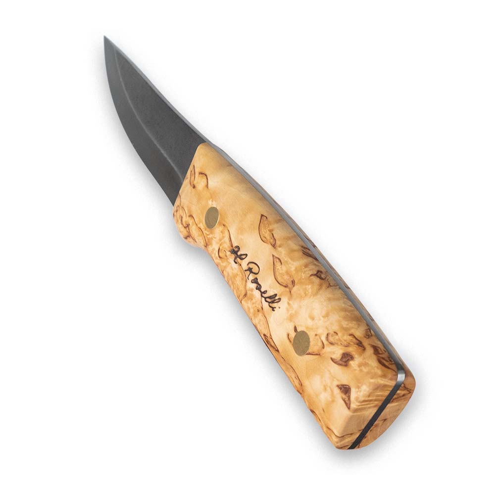 Handmade Finnish hunting knife with a full tang blade and a handle made out of curly birch and a sheath made out of light tanned leather sheath