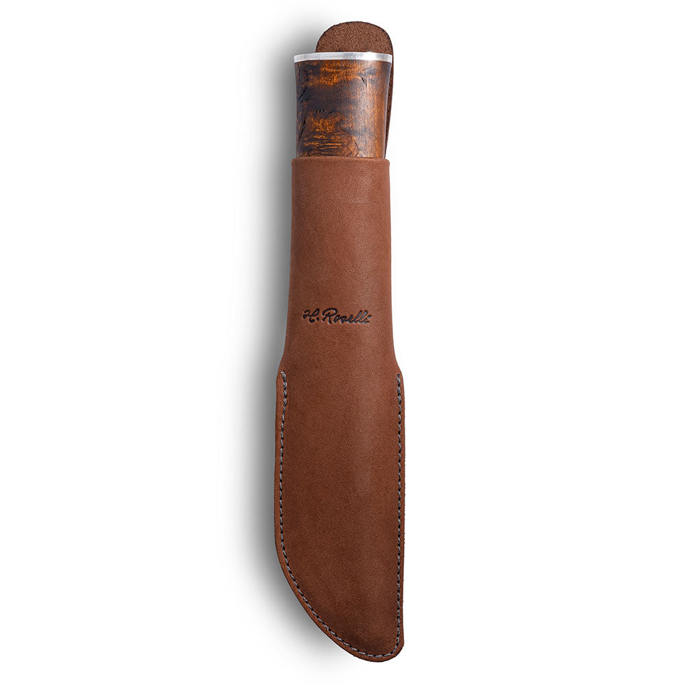 Handmade Finnish bushcraft knife from Roselli in model "Small Leuku Knife" with details of silver ferrule, handle made out of heat treated curly birch and a dark vegetable leather sheath