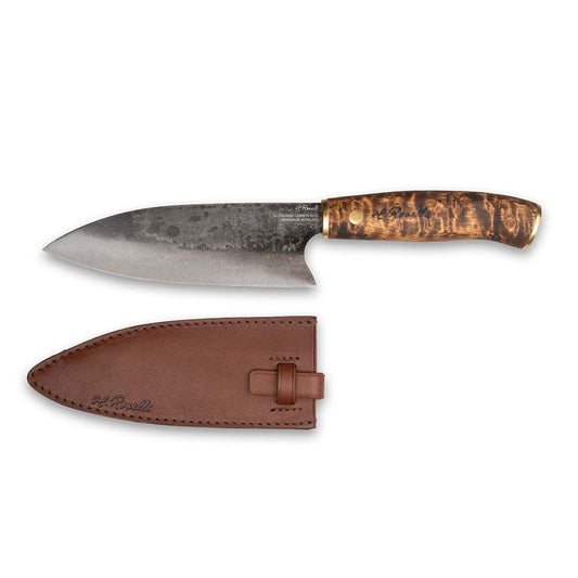 Roselli's handcrafted Santoku kitchen knife in high-carbon steel (UHC steel) with a stained curly birch handle. Delivered with a handmade leather sheath.
