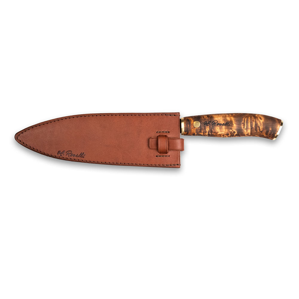 Roselli's handcrafted Gyuto kitchen knife in high-carbon steel (UHC steel) with a stained curly birch handle. Delivered with a handmade leather sheath.