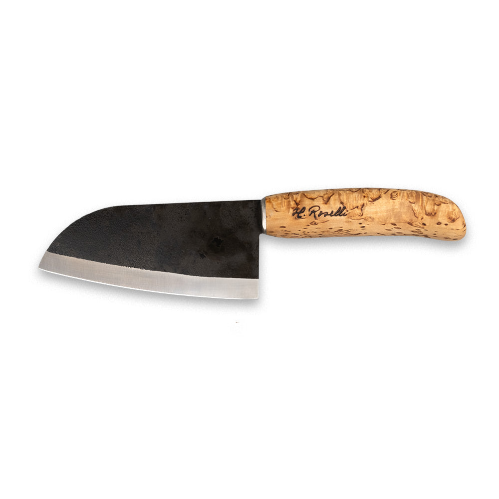 Roselli's handmade Finnish kitchen knife for chefs in carbon steel and a handle made from curly birch. Delivers with a handmade leather sheath. Perfect for both the outdoor and indoor kitchen..