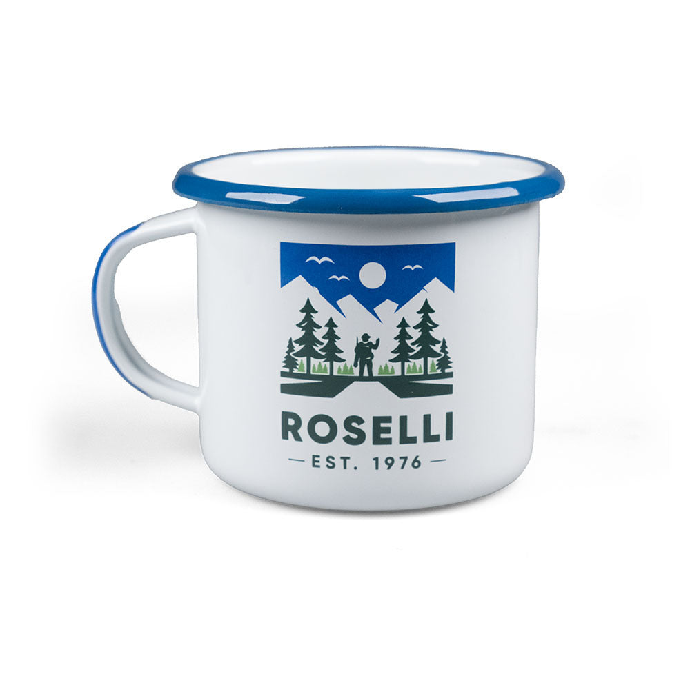 Roselli's camping mug in white and blue. Perfect for camping, hiking and cooking outdoors. 
