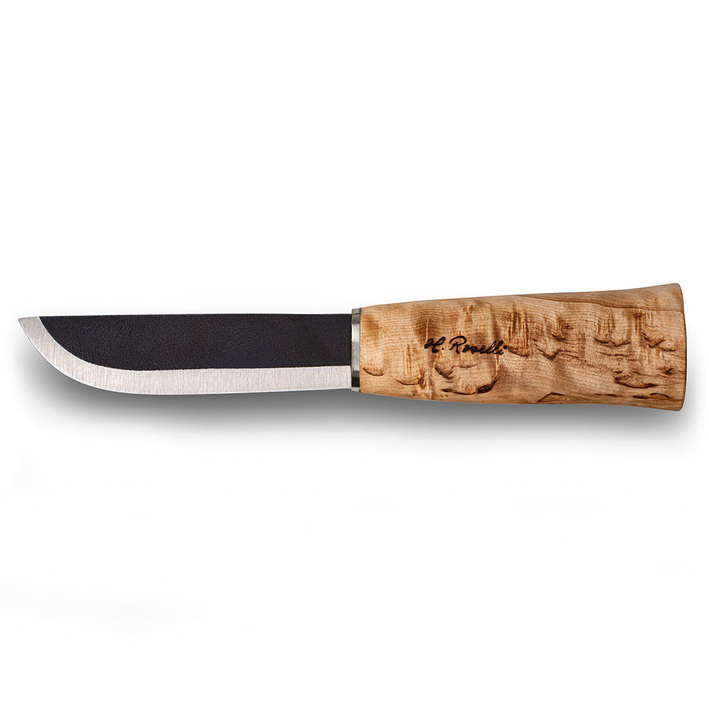 Handmade finnish bushcraft knife from Roselli in model "Small Leuku Knife" with a handle made out of curly birch and comes with a light tanned leather sheath 