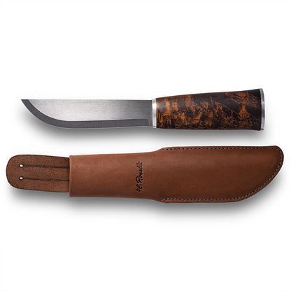 Handmade Finnish bushcraft knife from Roselli in model "Small Leuku Knife" with details of silver ferrule, handle made out of heat treated curly birch and a dark vegetable leather sheath 